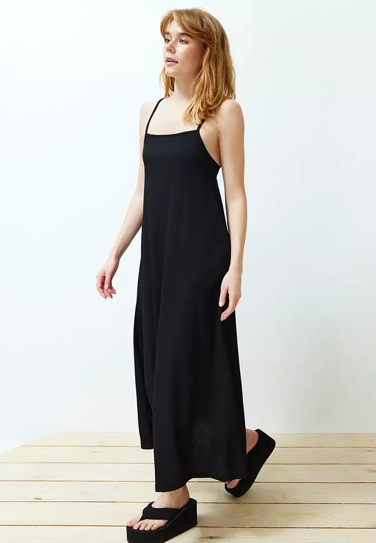 Black Adjustable Straps A-Line Crepe/Textured Knit Maxi Dress