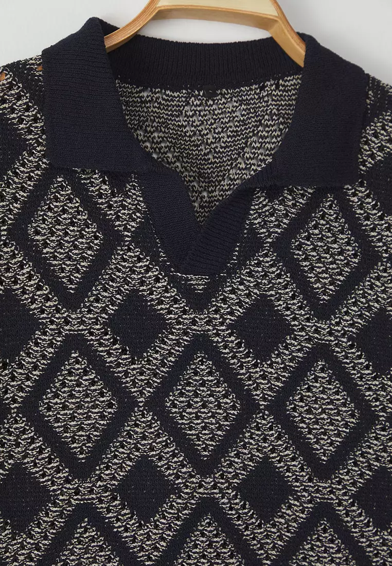 Navy Blue Oversize Fit Openwork Polo Neck Knitwear Tshirt TMNSS25PO00040