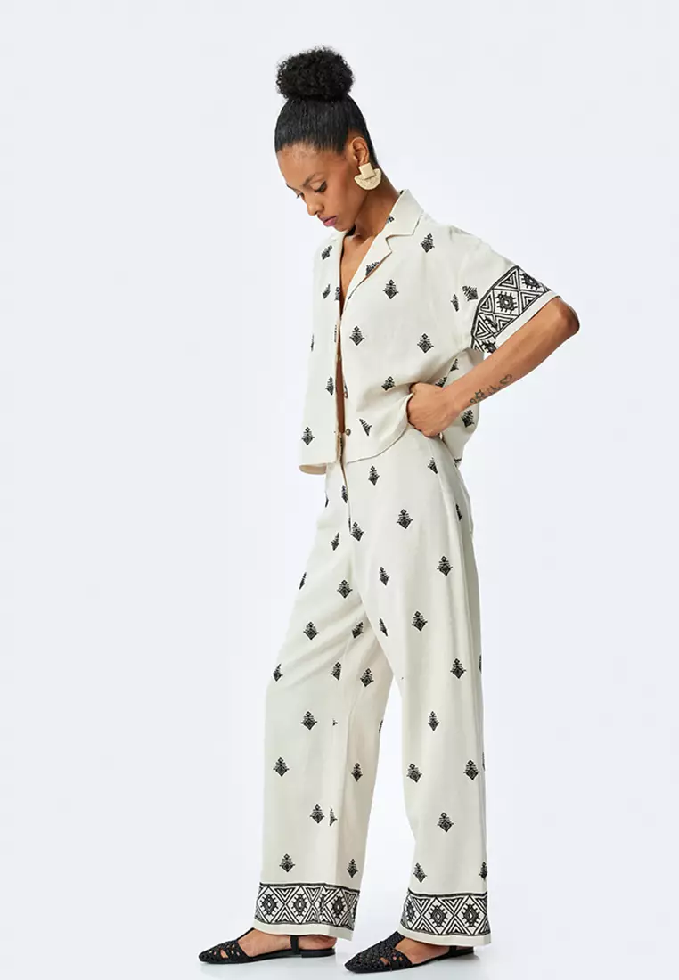 Fabric Ethnic Pattern Embroidered Wide Leg Pants
