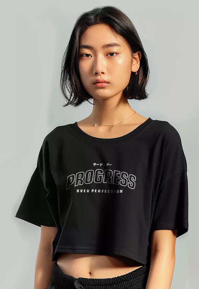 LTH08 Kaos Crop Top Wanita "progress" OLC  hitam