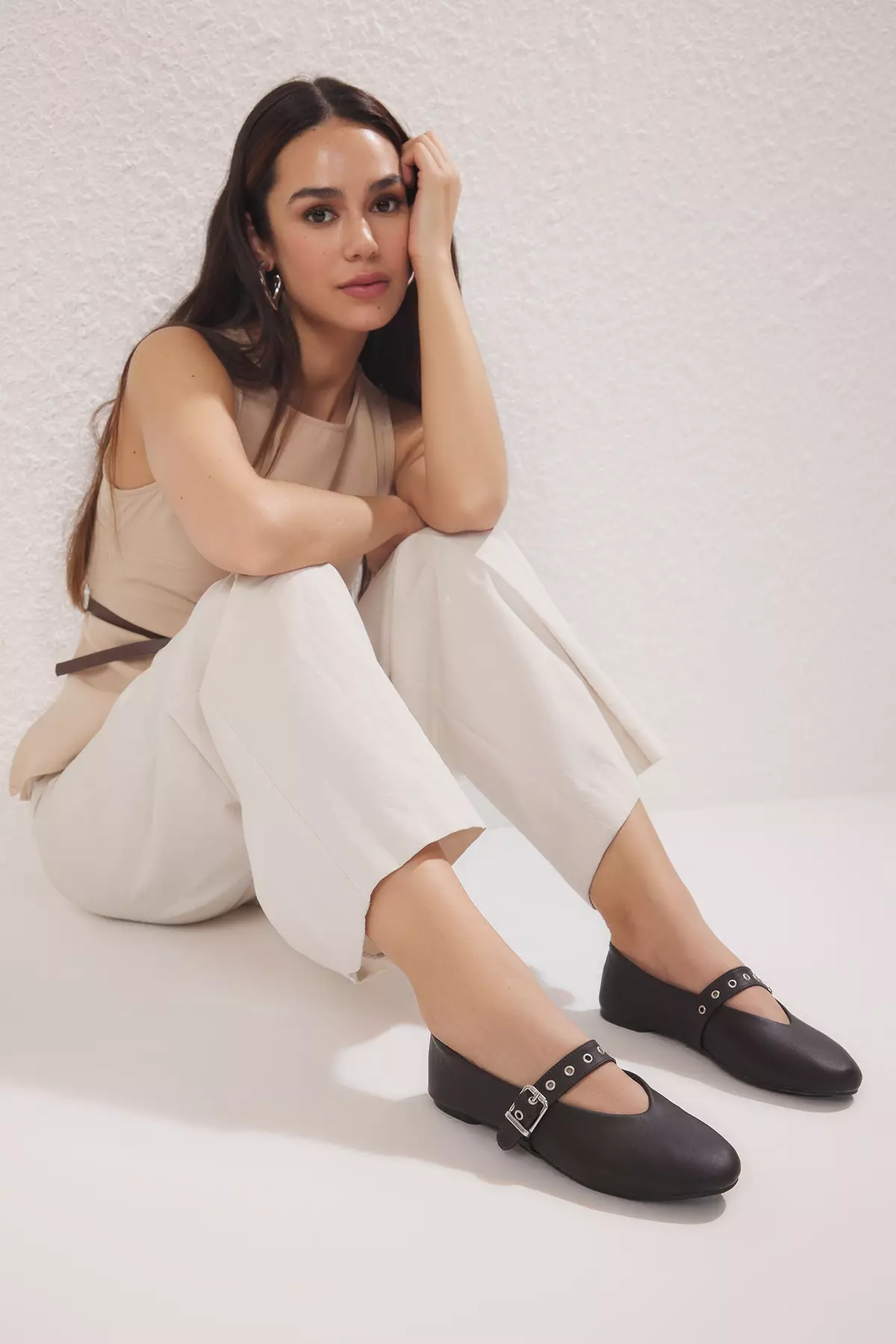 Dark Brown Eyelet Belt Almond Toe Mary Jane Women's Ballerinas Takss25Be00044