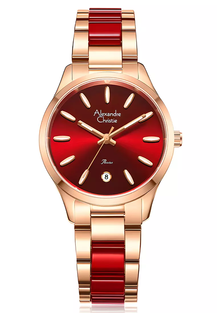 Alexandre Christie Passion - Jam Tangan Analog Wanita - Red Dial Rosegold Dual Tone Stainless Steel - 2B44LDBRGRE