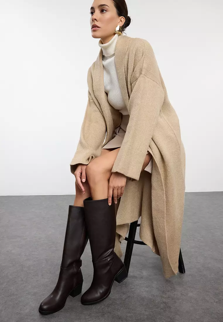 Dark Brown Zip-Up Round Toe Women's Block Heeled Boots Takaw25Cz00004