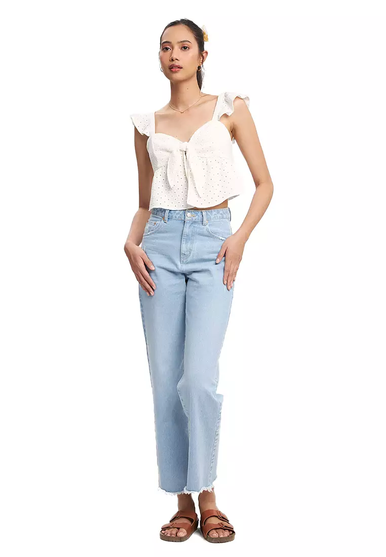 Romantic Eyelet Knotted Top With Ruffles