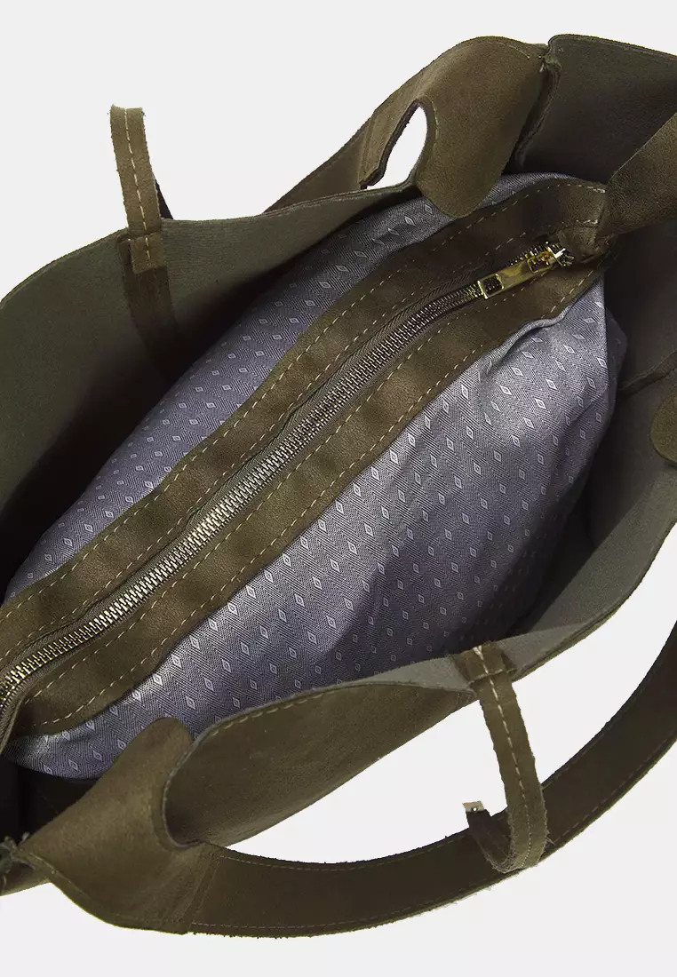 Khaki Suede Tie Detailed Midi Women's Tote Shoulder Bag