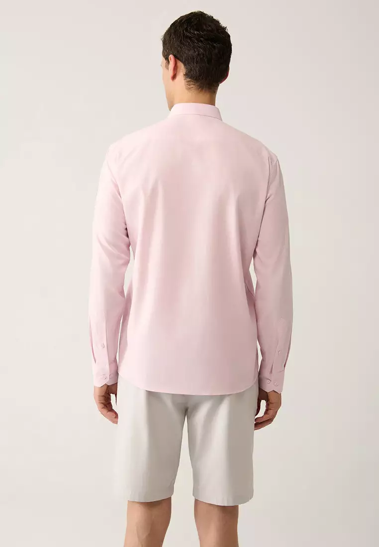 Men's Light Pink Button-Down Collar 100% Cotton Linen Textured Shirt E002141