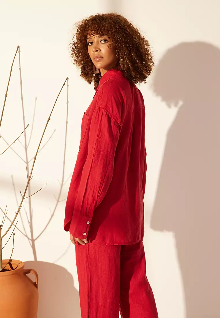 Red 1% Linen Pocket Detailed Oversized Shirt Twoss26Go39