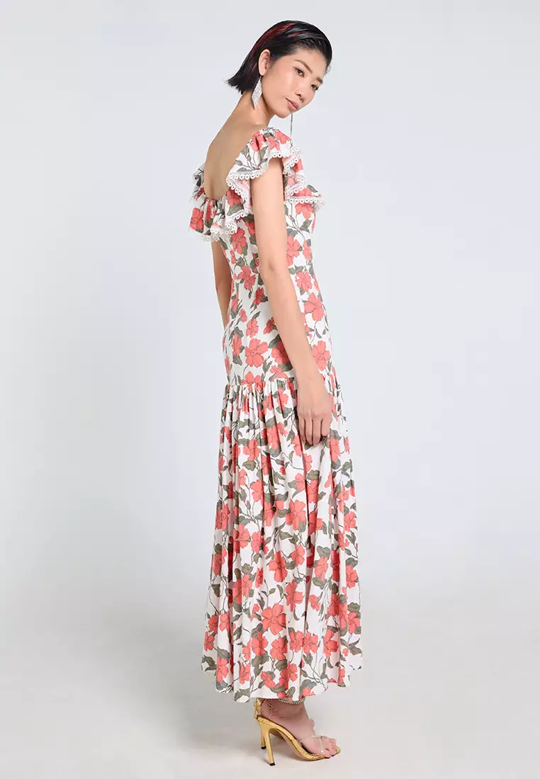 Ruffled Off-Shoulder Floral Linen Dress