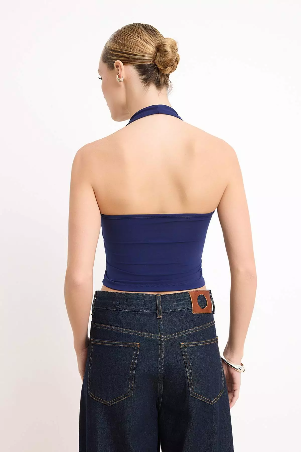 Navy Blue-Grey Melange Halter Neck Bodycon Crop Stretchy Knitted Blouse Twoaw26Bz251
