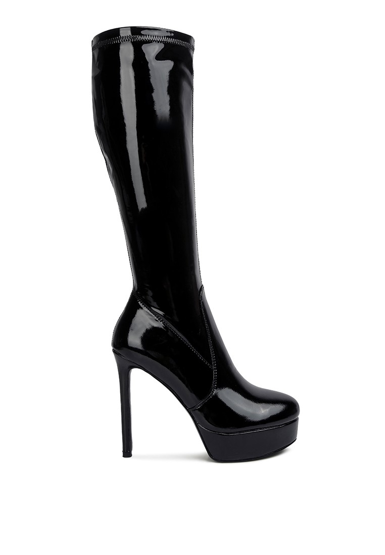 Black High Heeled Stretch Patent Calf Boots