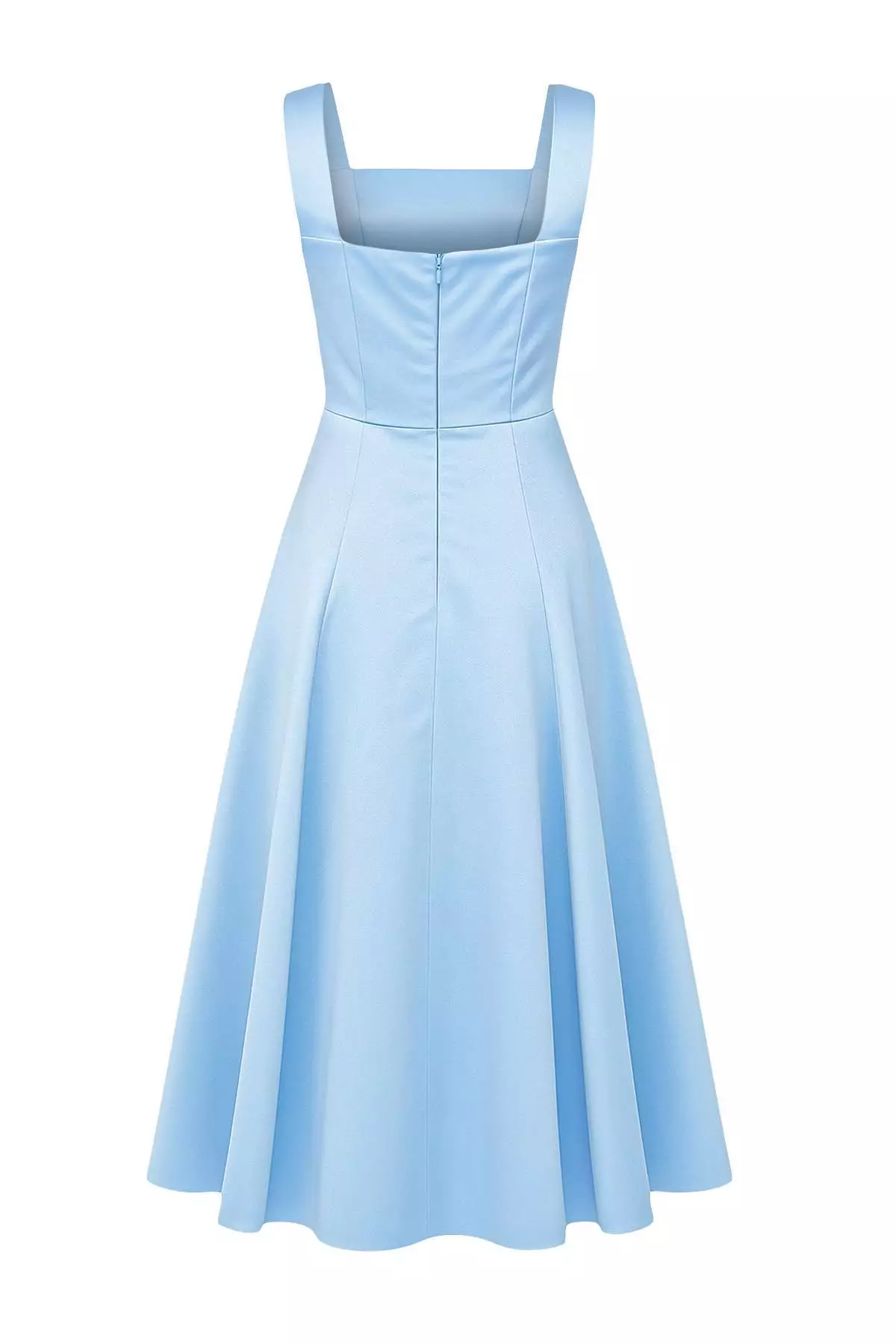 Light Blue Skirt Waist Open Woven Satin Midi Unlined Homecoming/Prom Dress