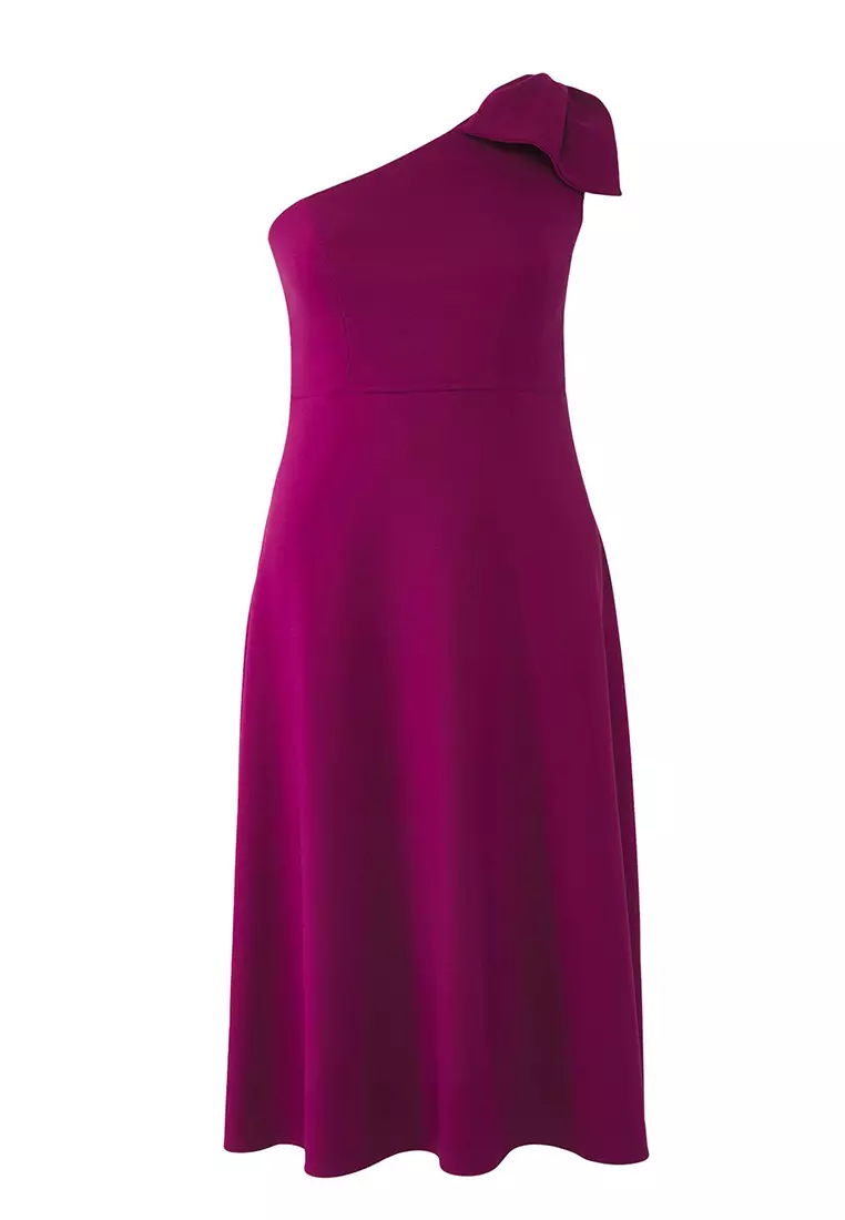 Plum One Shoulder Midi Woven Plus Size Dress With Ribbon