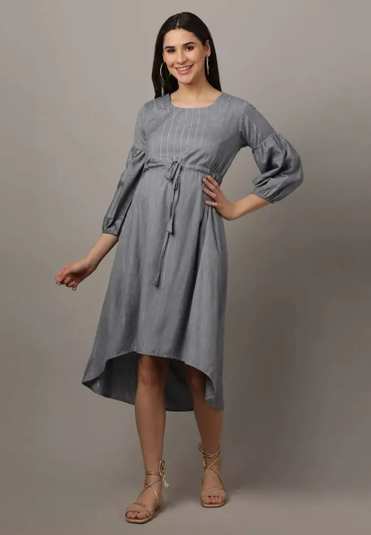 Arona Grey Shimmer Stripes Maternity And Nursing Dress