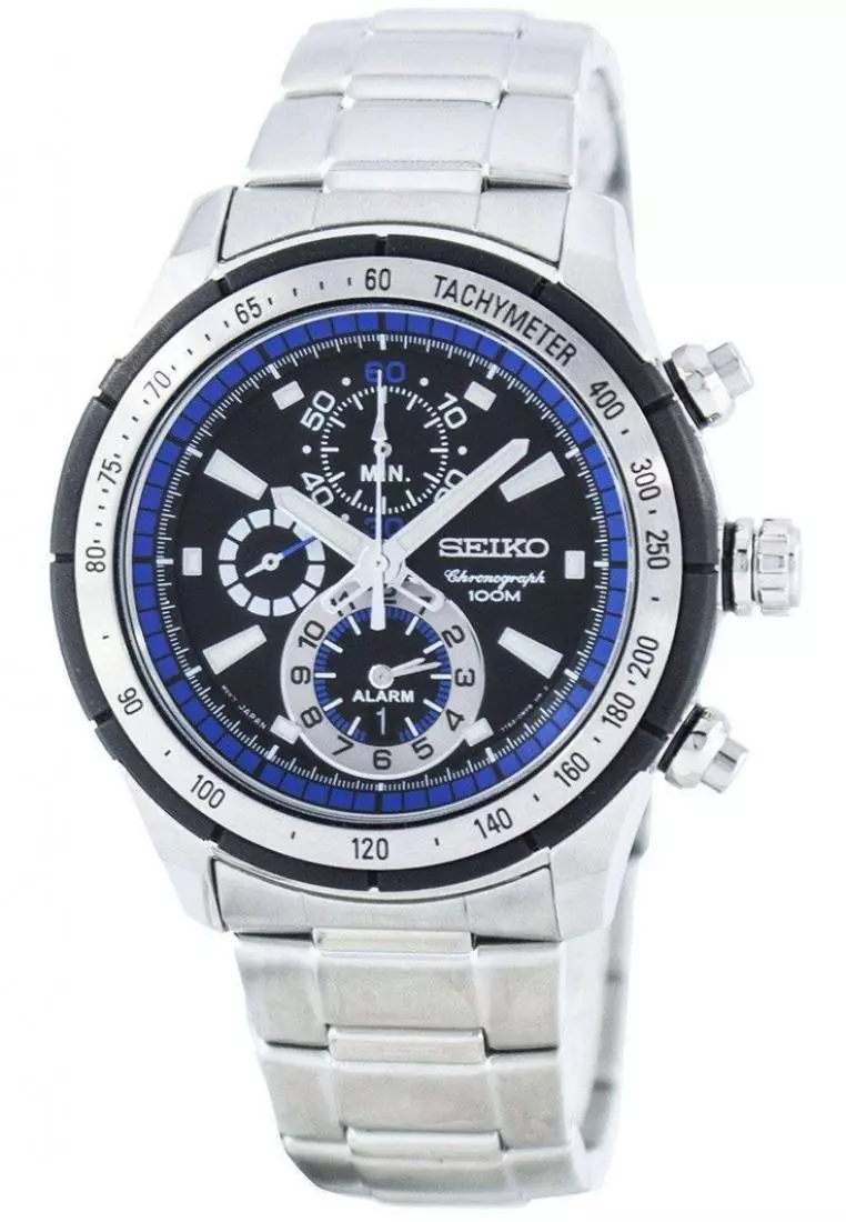 Jam Tangan Pria Seiko Chronograph Original Garansi Resmi Strap Stainless Steel Silver Blue SNAC85 SNAC85P1