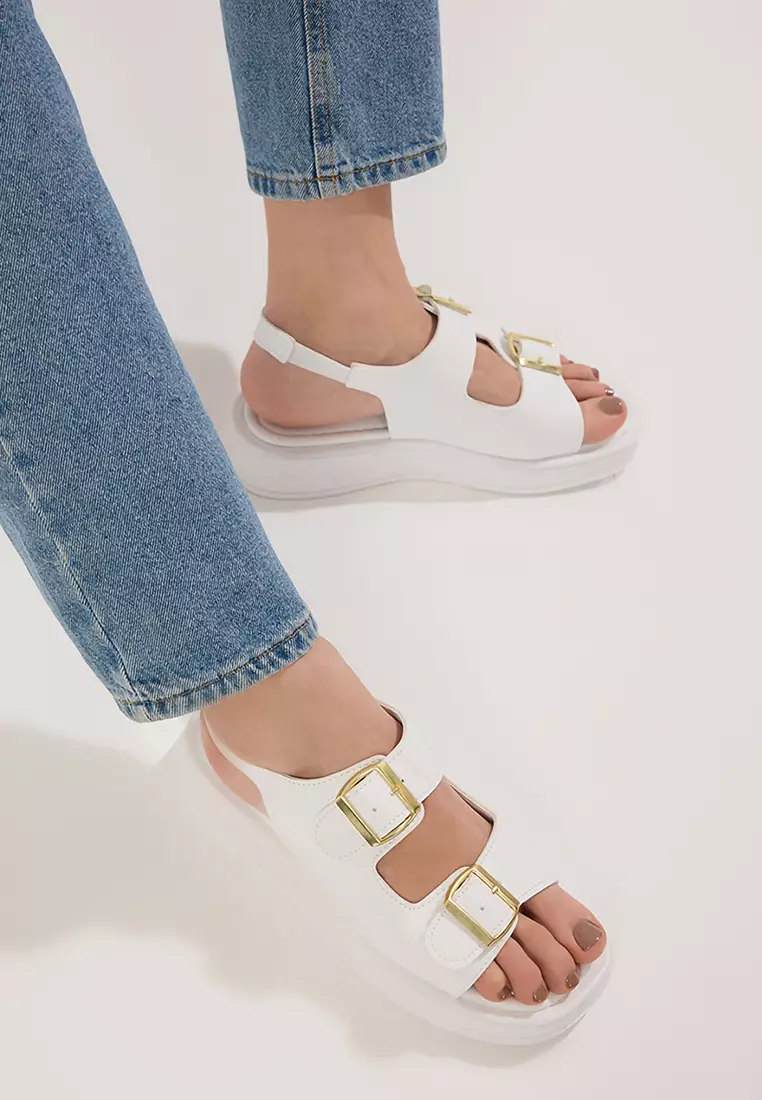 White Double Buckle Women's Thick Sole Sandals Takaw25Sd00000