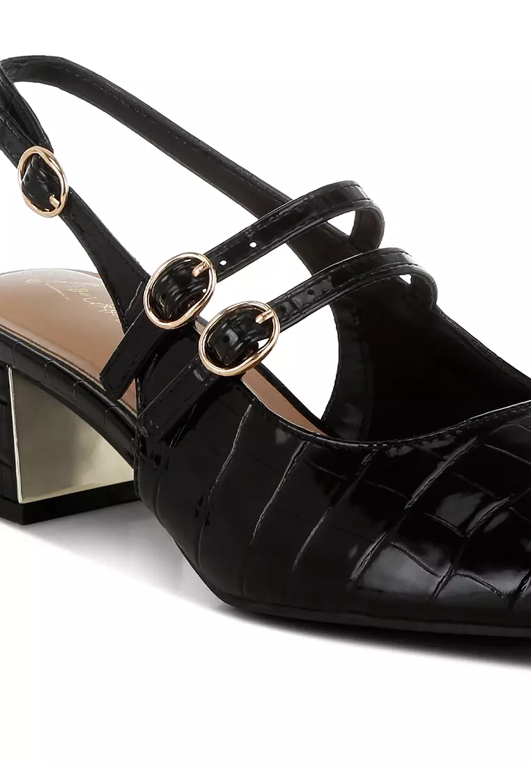 Block Heel Croco Slingback Sandals in Black