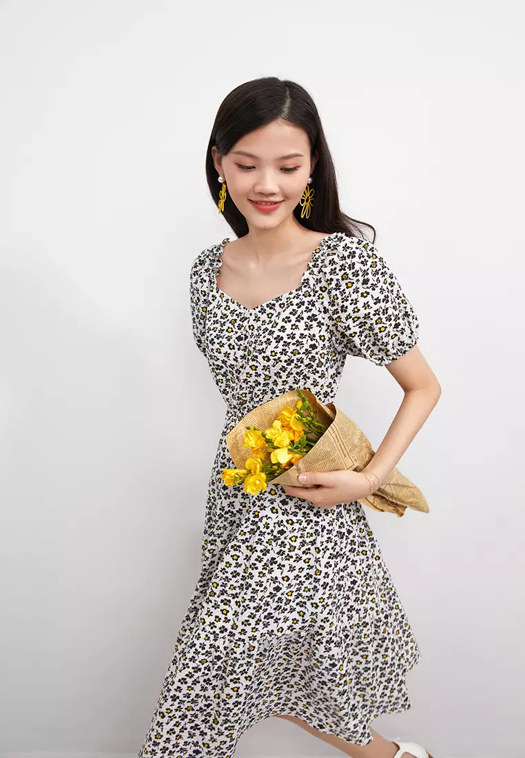 Square Collar Flare Floral Midi Dress