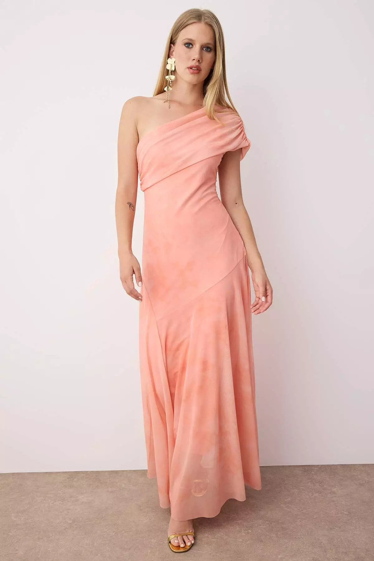 Light Orange Patterned Asymmetrical Collar Woven Maxi Evening Night Graduation Dress