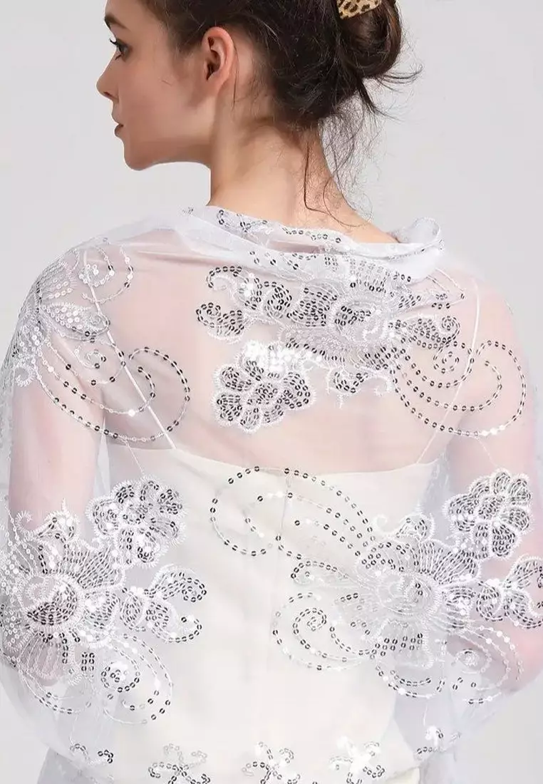 Aksesoris Wanita Sahana Flower Gold Sequinn Lace  Fringed Evening Shawl Syal Pesta Wanita Snow White