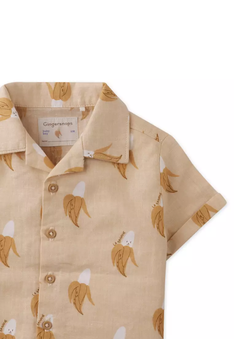 Baby Ekko Linen Blend Panama Shirt With All-Over Cartoon Banana Print