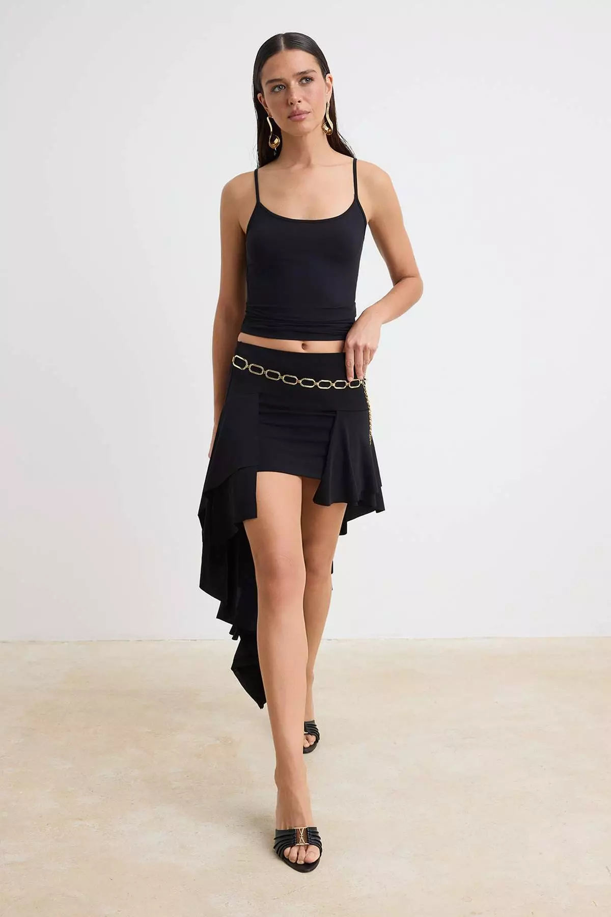 Black Ruffle Detailed Midi Knitted Sandy Skirt Tprss26Et00019