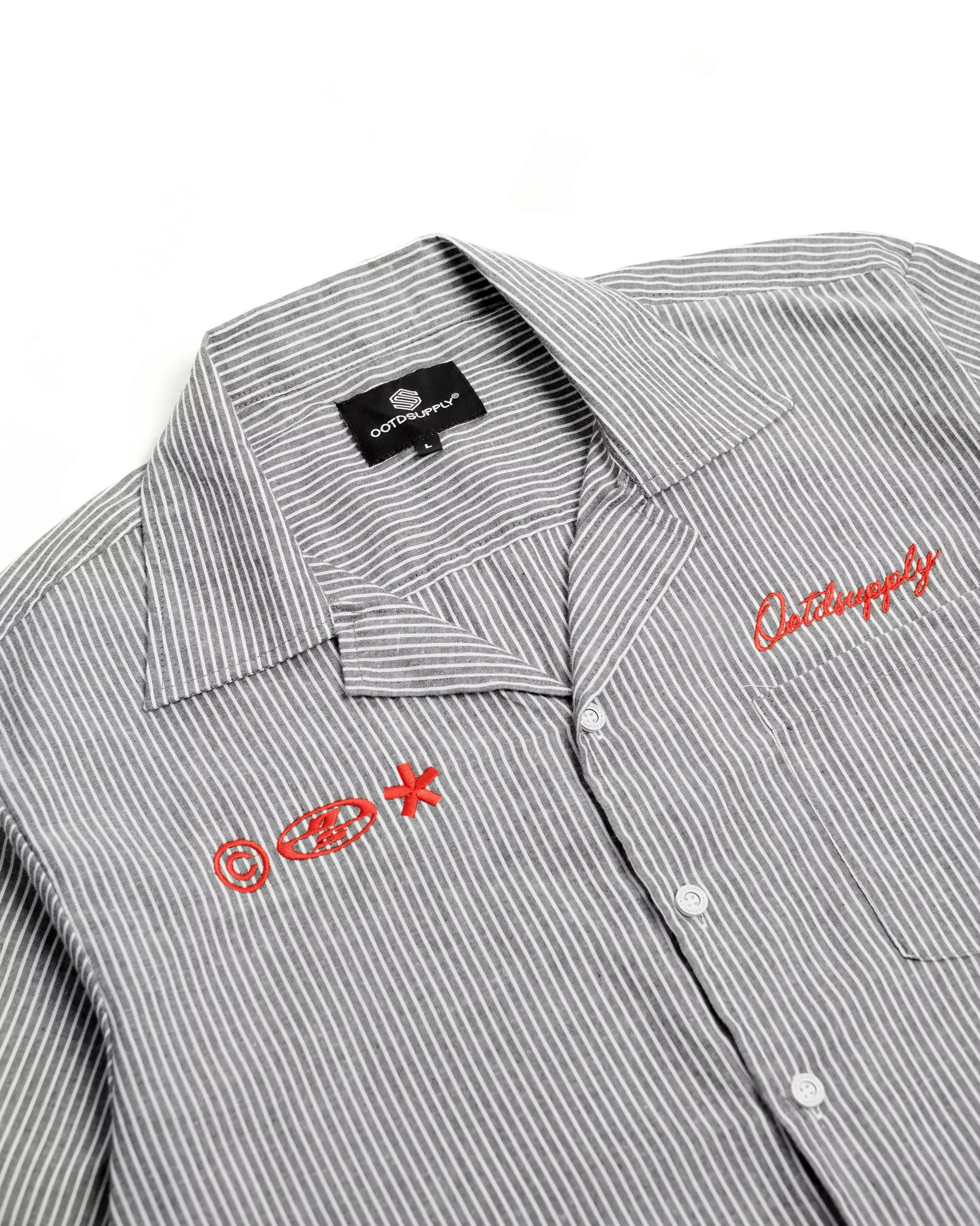 OOTDSUPPLY Kemeja Stripe Casual Cozy Embroidery Black & Blue | Kemeja Salur | Relaxed Shirt Pendek | KMJRSCZE