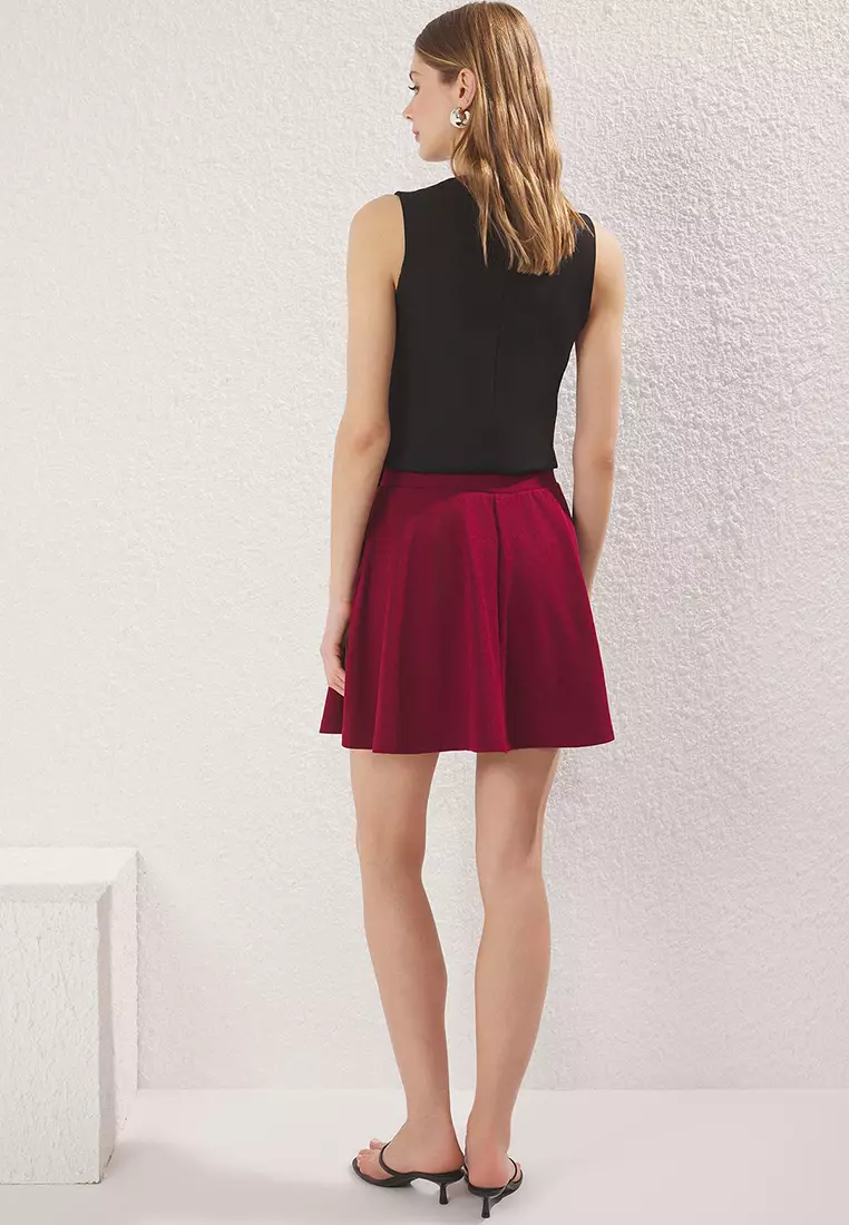 Burgundy Scuba Crepe Skater High Waist Stretchy Knitted Skirt Twoaw24Et00343