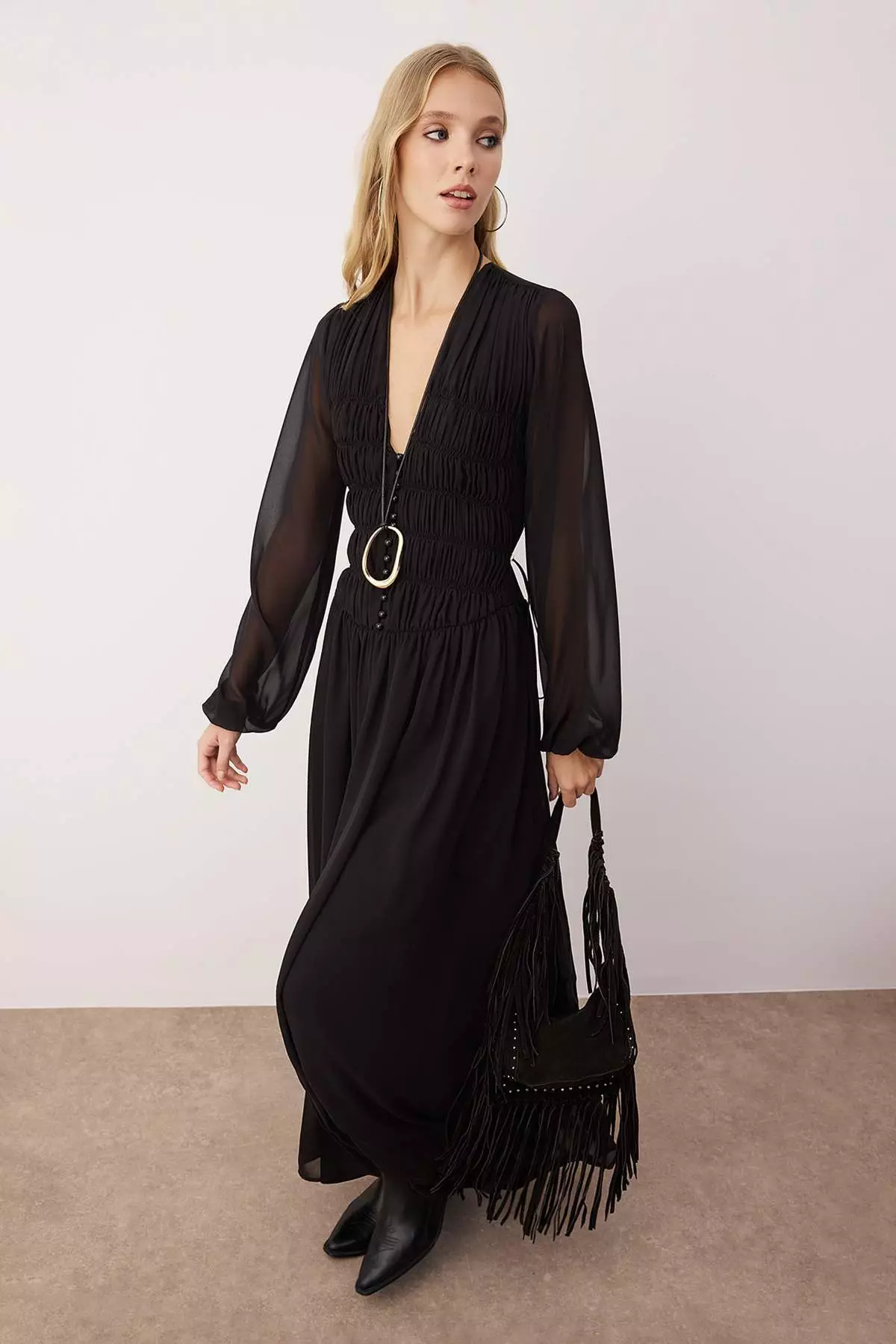 Black Gathered Detailed V-Neck Maxi Lined Chiffon Woven Dress