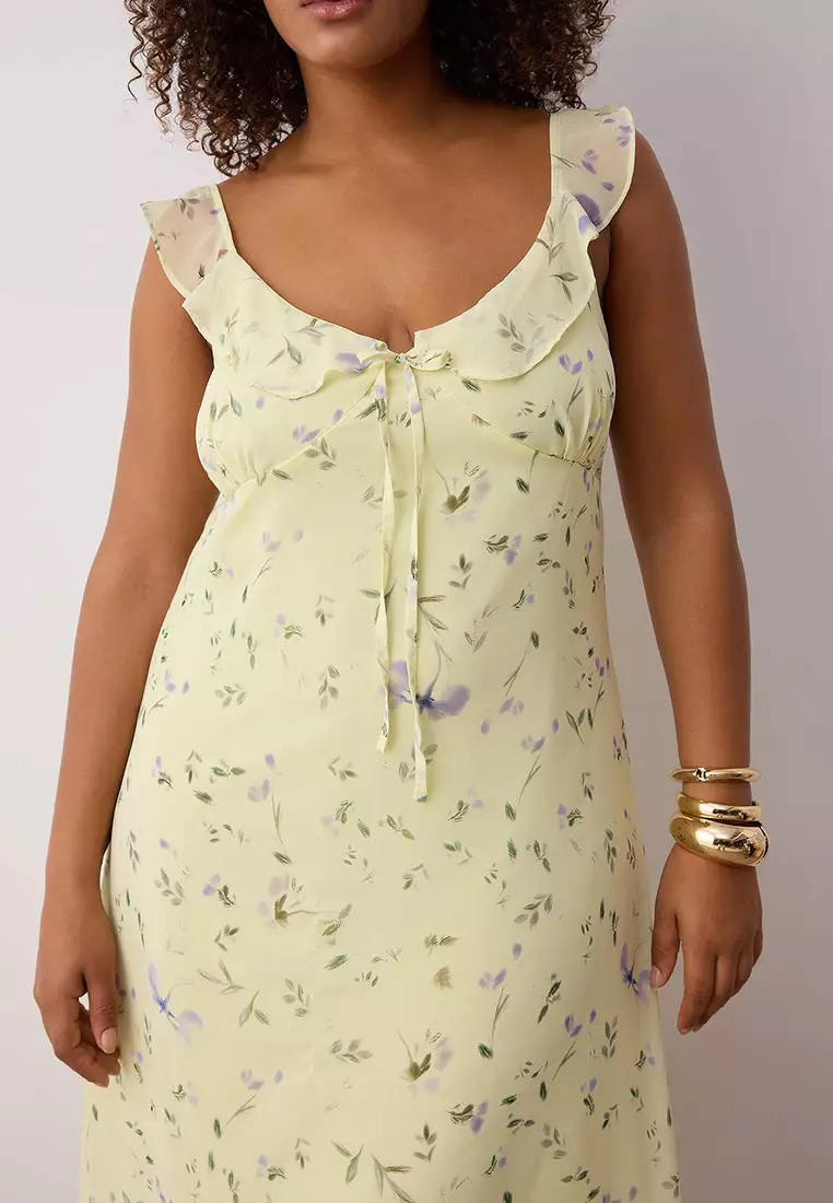 Yellow Chiffon Floral Midi Woven Plus Size Dress Tbbss25Ah00240
