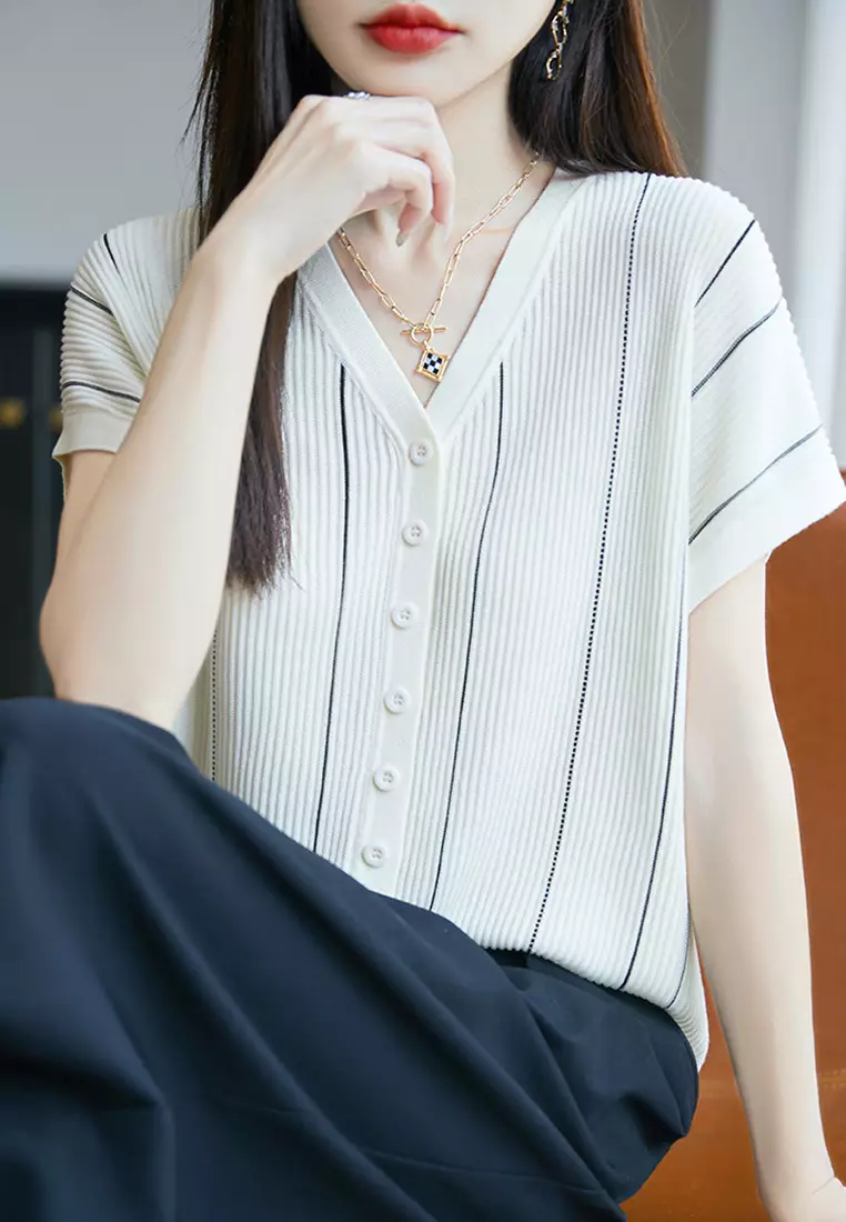 Buy HAPPY FRIDAYS Button-Front Striped Short Sleeves Tencel Knit Top JW ...