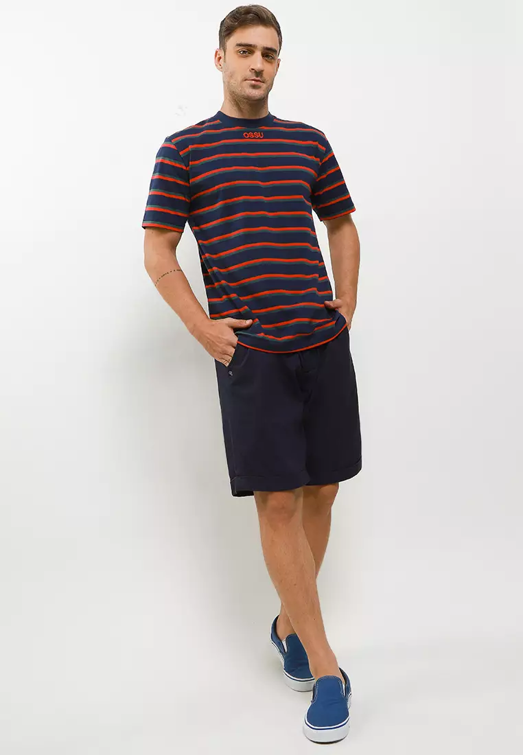 Ossu Kaos Salur  Stripe T-shirt Navy Bordir Kaos Garis Garis