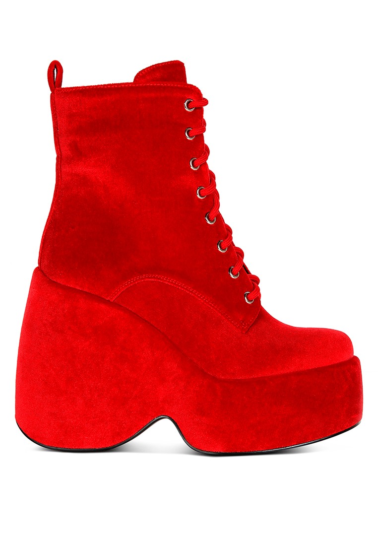 Red High Platform Velvet Ankle Boots