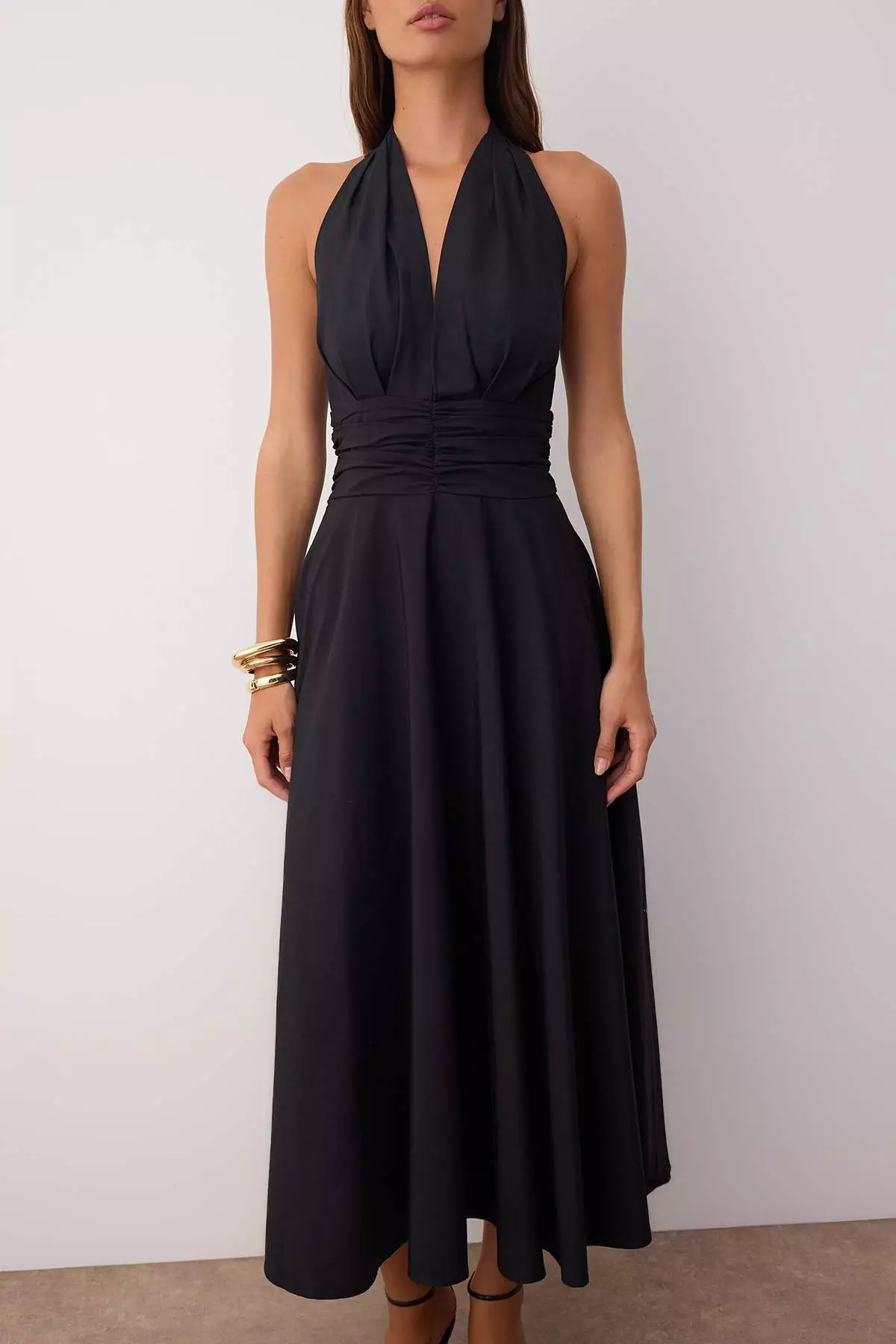 Black Low-Cut Halter Neck Poplin Lined Woven Dress