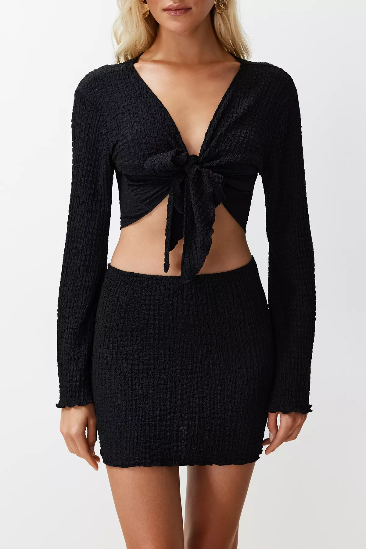 Black Woven Tied Textured Blouse Skirt Beach Set