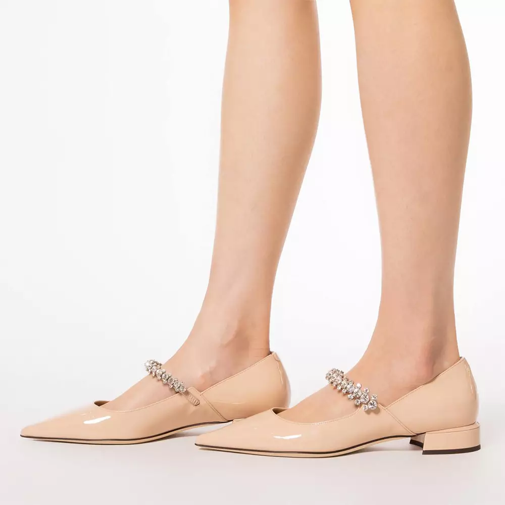 Bing 25 Crystal Strap Patent Leather Flat Pumps Macaron