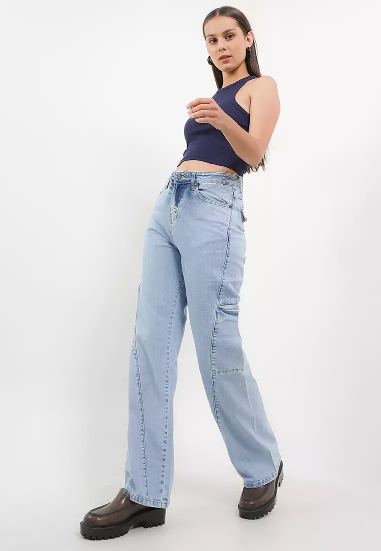 High Waist Wide Leg Denim Cargo Pant FWL371