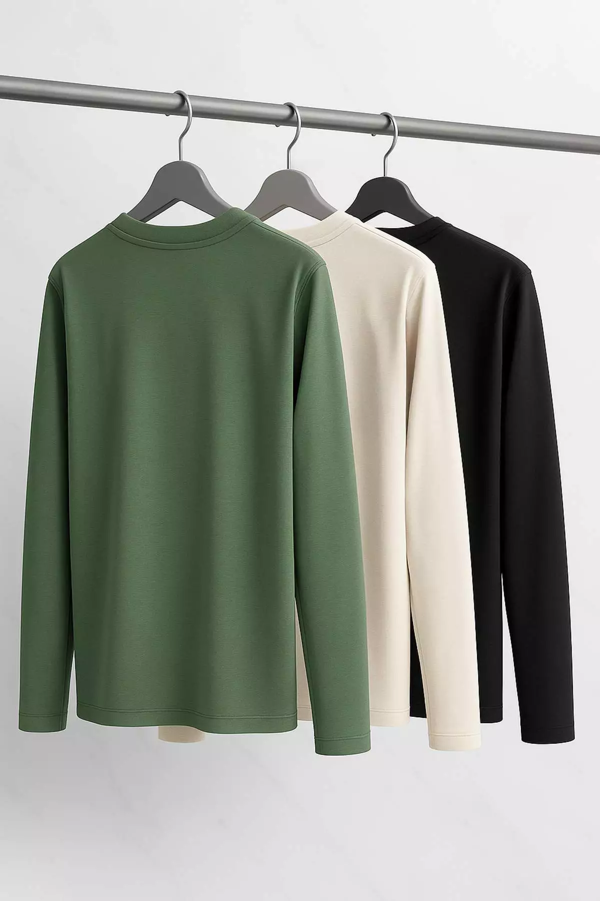 Black-Beige-Dark Green Regular/Normal Long Sleeve 3-Pack Basic T-Shirt