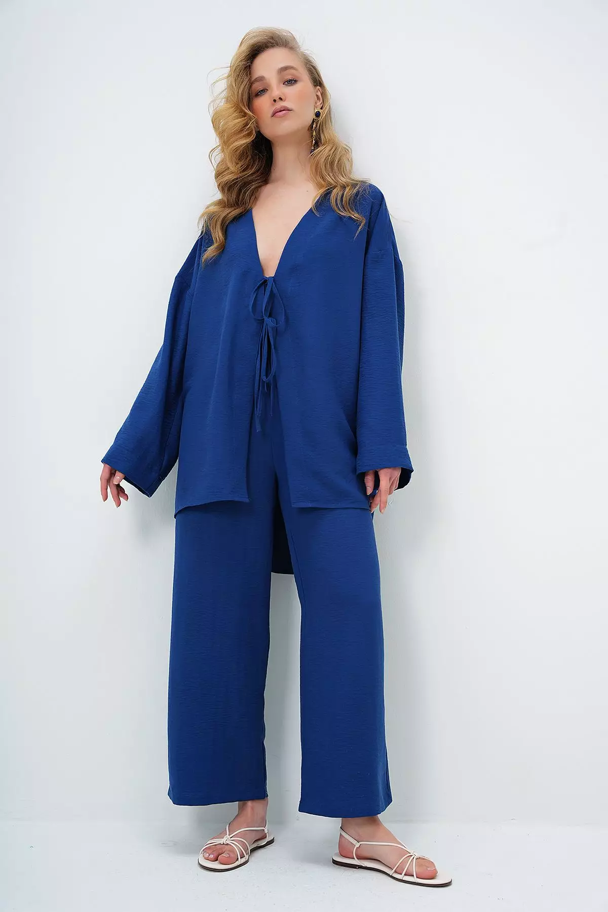 Women's Navy Blue Lace-Up Kimono Jacket And Palazzo Pants Set Alc-X12452
