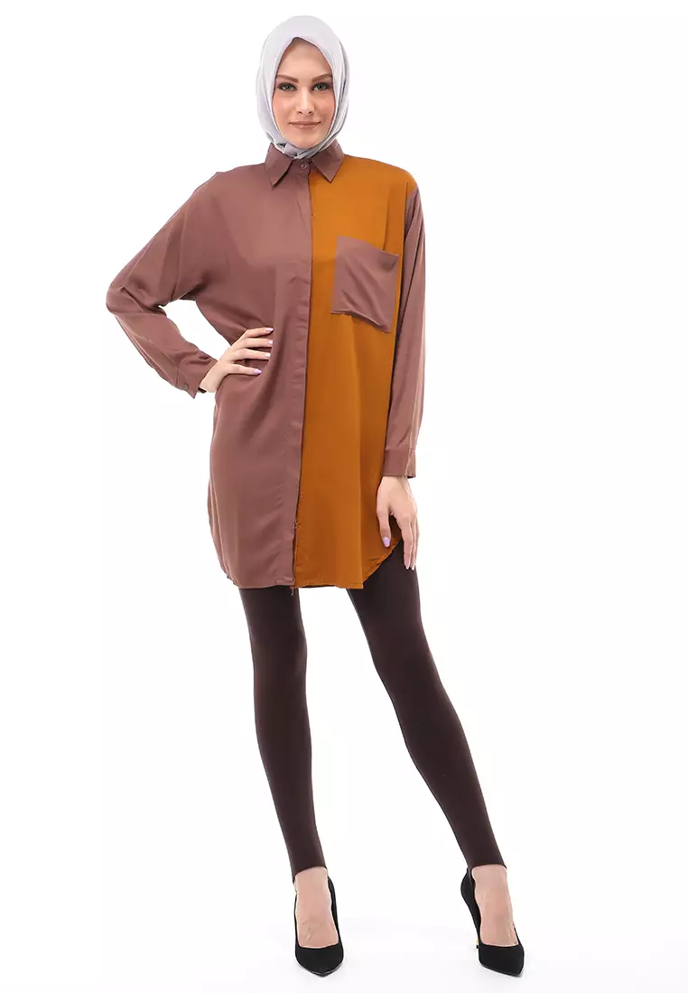 Azika Tunik Muslimah Atasan Wanita Dual Tone Color Relaxed Fit - Brown 003