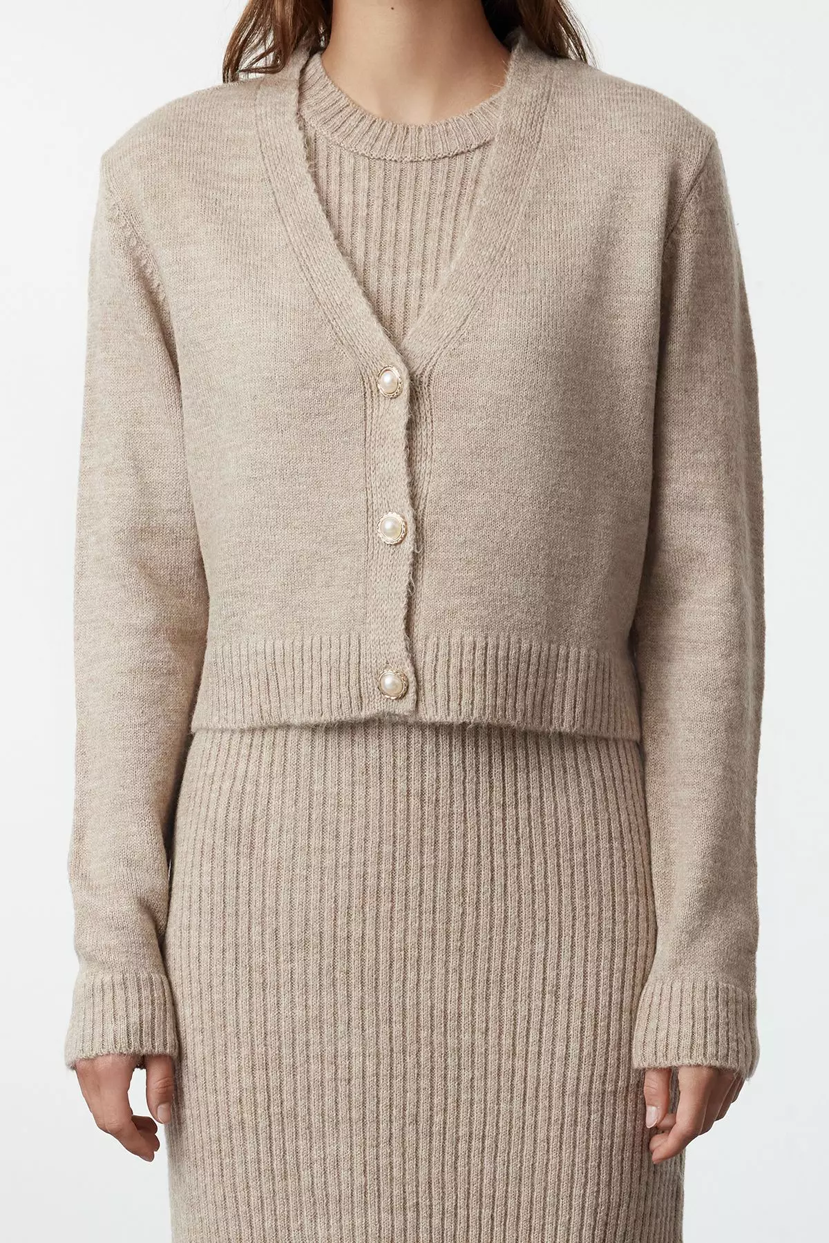 Light Brown Corded Soft Textured Knitwear Dress Cardigan Suit TCTAW25US00049