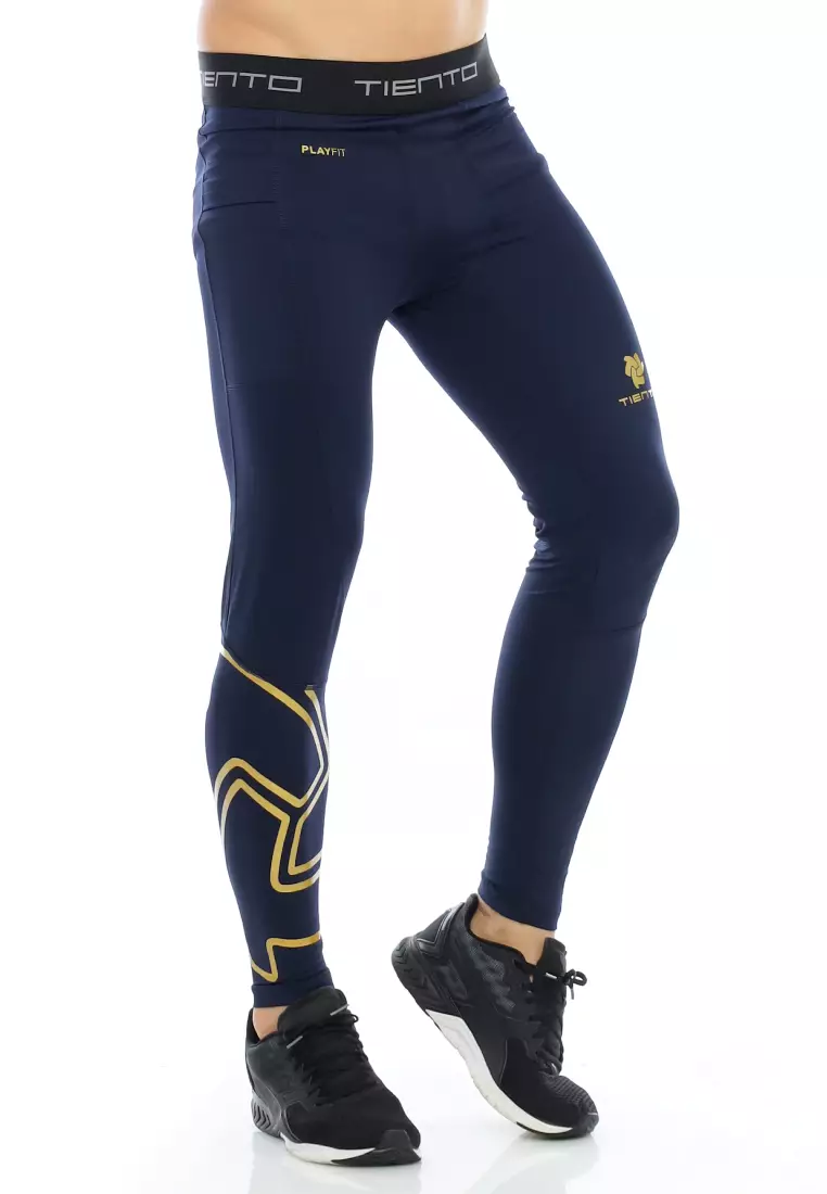 Tiento Baselayer Leging Celana Panjang Ketat Olahraga Pria Legging Sport Long Pants EXO Series Navy Gold Men