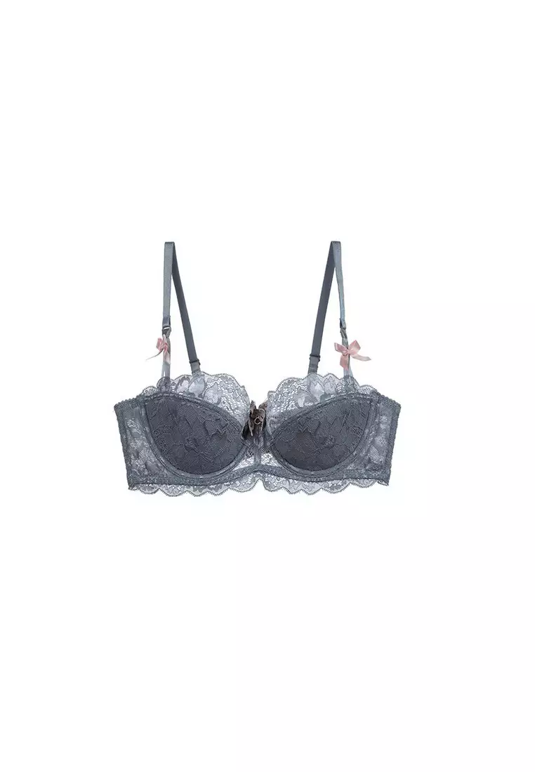 誘人蕾絲內衣套裝（文胸和內褲）- 灰色