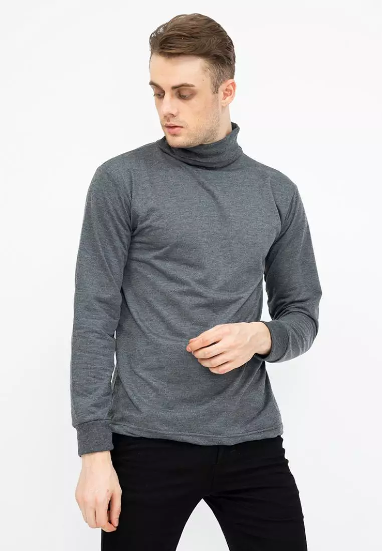 Turtle Neck pria lengan panjang abu tua kaos kerah tinggi slim fit houseofcuff