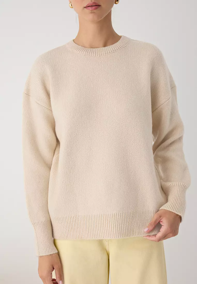 Wardrobe Essentials Bone Wool Premium Yarn Basic Wide Fit Knitwear Sweater | Twoaw26Kz65