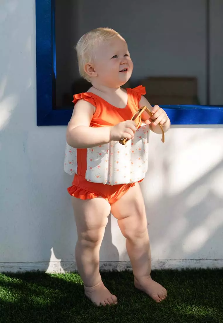 Stripes & Blooms Ruffles Sleeveless Floatsuit - Coral Daisy