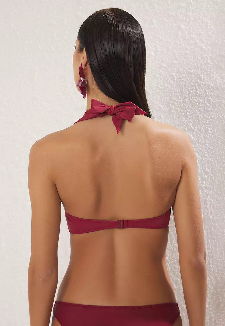 Burgundy Square Neck Halter Neck Bikini Top TBESS25BU00054