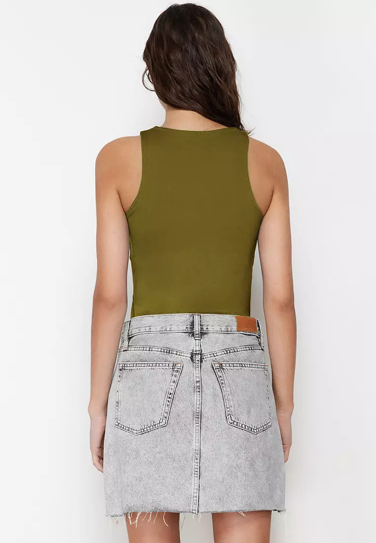 Oil Green Halter Neck Body-Smoothing Flexible Snap-Front Knitted Bodysuit TWOSS20BD0044