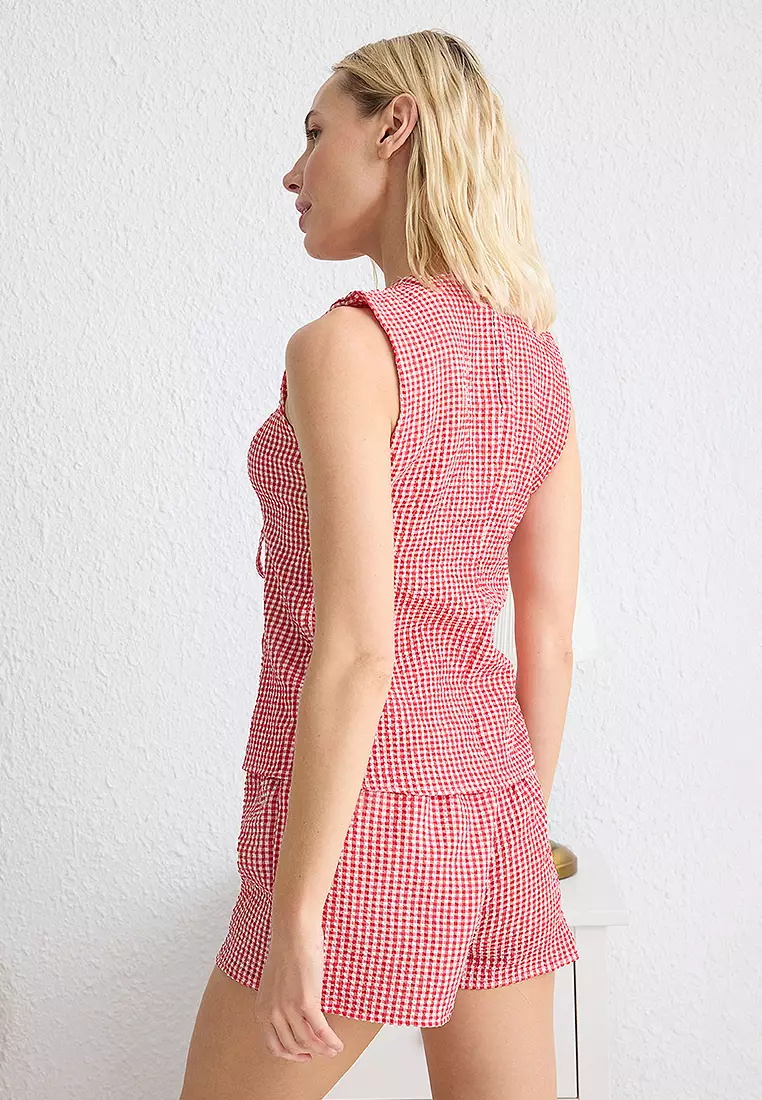 Gingham Ties Detail Woven Pajama Set