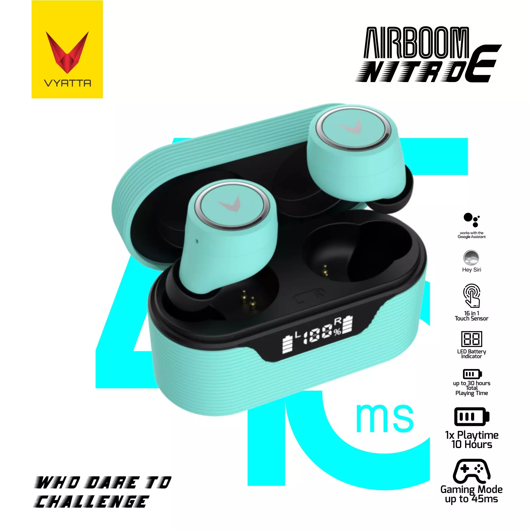 VYATTA AIRBOOM NITRO E TWS BLUETOOTH HEADSET EARPHONE GAMING MODE 45 MS 16 IN 3 TOUCH SENSOR