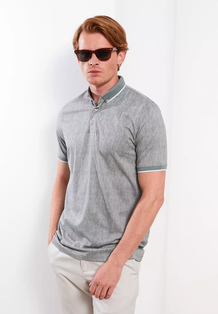 Polo Neck Short Sleeve Patterned Combed Cotton Men's T-Shirt